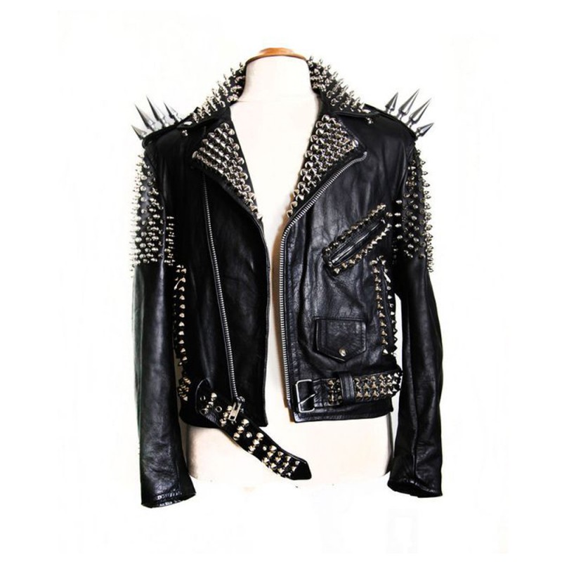 Women Black Color Leather Jacket Spice Women Silver Studded Genuine Leather Jacket 